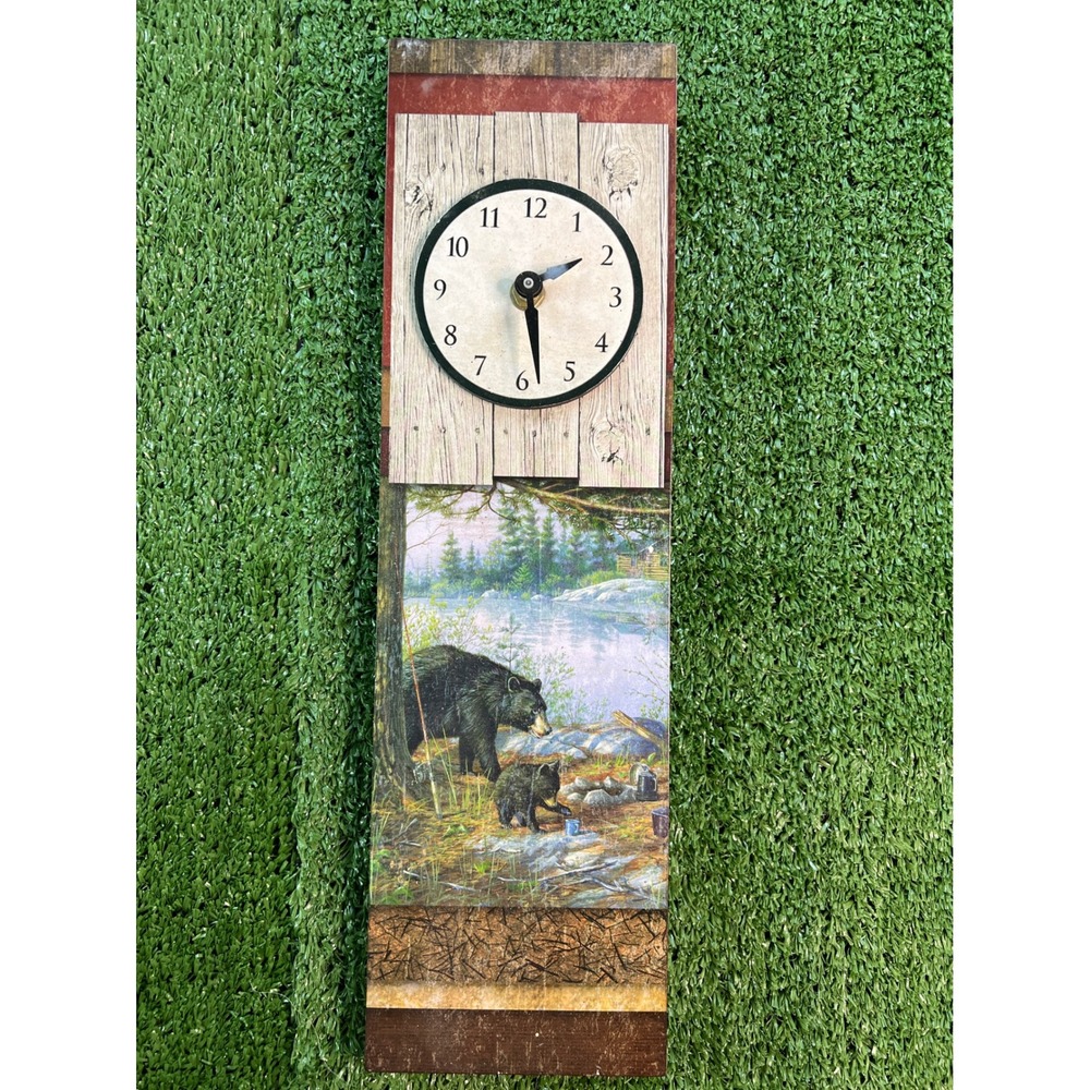 Rustic Wooden Wall Clock Bear Cub Lodge Cabin Country Home Decor‎